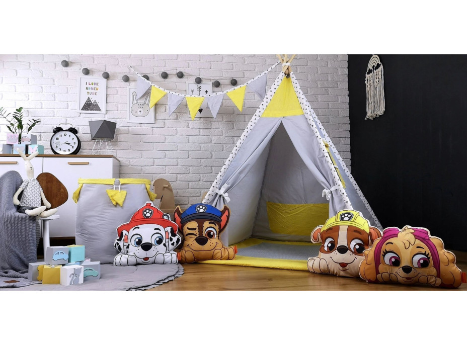 Dětský stan TEEPEE (TÝPÍ) LUXURY s doplňky - TLAPKOVÁ PATROLA - šedo/žlutý