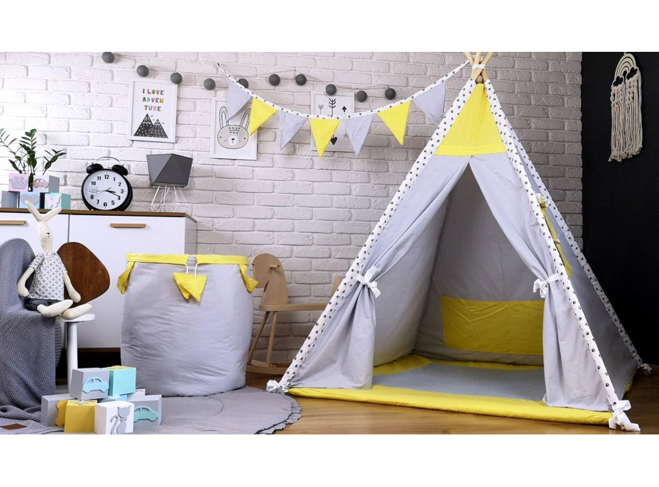 Dětský stan TEEPEE (TÝPÍ) LUXURY s doplňky - TLAPKOVÁ PATROLA - šedo/žlutý
