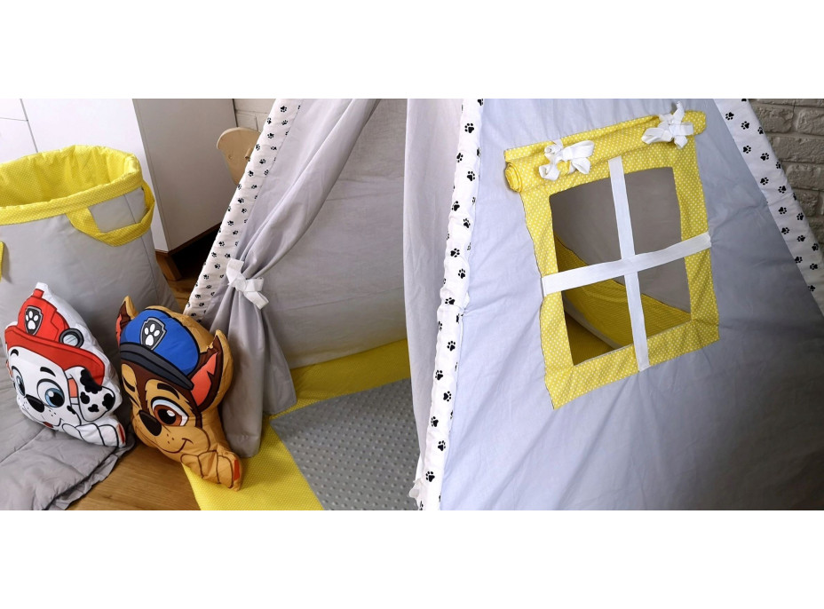 Dětský stan TEEPEE (TÝPÍ) LUXURY s doplňky - TLAPKOVÁ PATROLA - šedo/žlutý