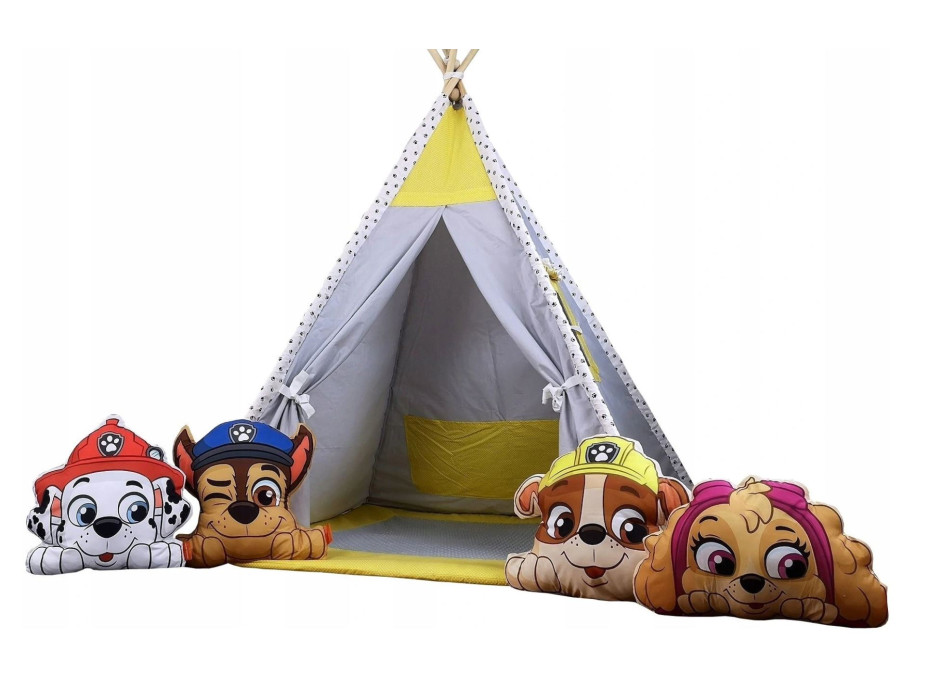 Dětský stan TEEPEE (TÝPÍ) LUXURY s doplňky - TLAPKOVÁ PATROLA - šedo/žlutý