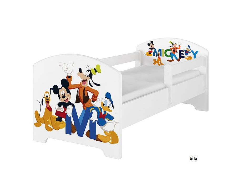 SKLADEM: Dětská postel Disney bez šuplíku - MICKEY FRIENDS 140x70 cm - norská borovice + matrace + 1 dlouhá a 1 krátká bariéra