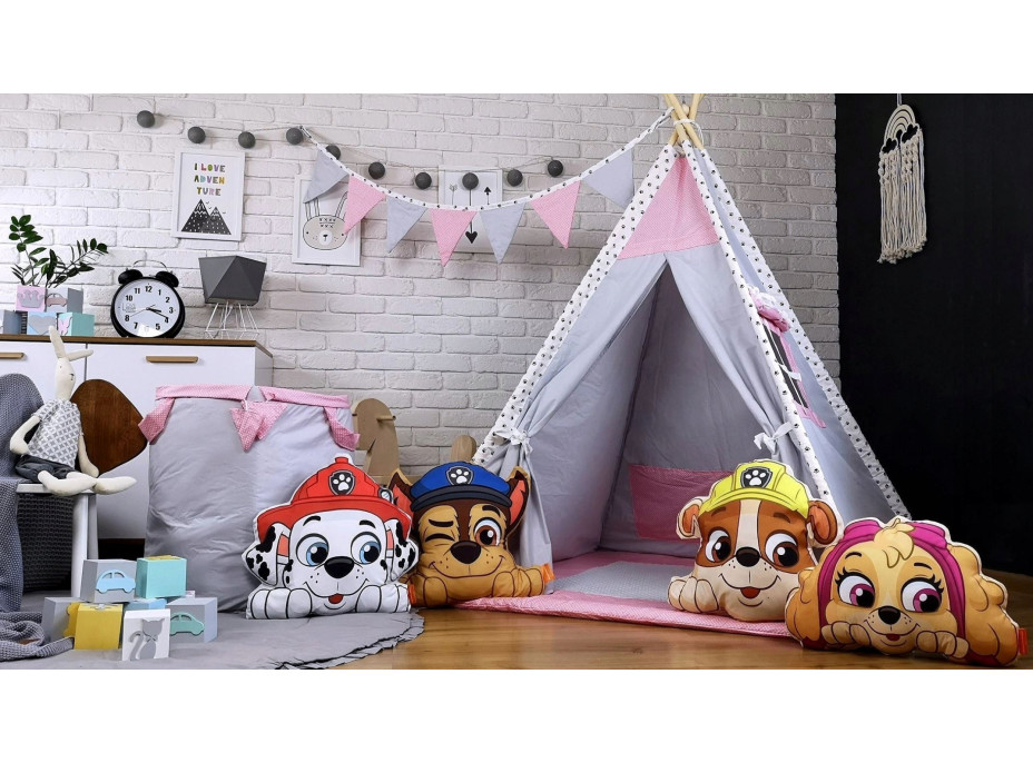 Dětský stan TEEPEE (TÝPÍ) LUXURY s doplňky - TLAPKOVÁ PATROLA - šedo/růžový
