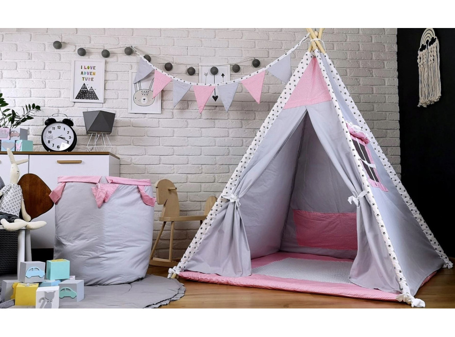 Dětský stan TEEPEE (TÝPÍ) LUXURY s doplňky - TLAPKOVÁ PATROLA - šedo/růžový