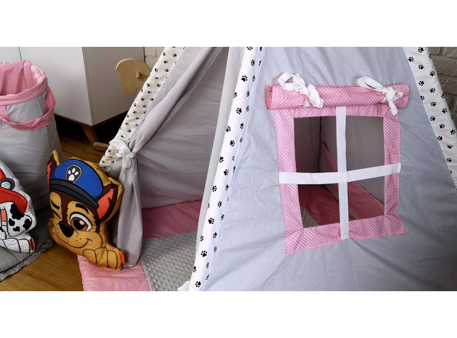 Dětský stan TEEPEE (TÝPÍ) LUXURY s doplňky - TLAPKOVÁ PATROLA - šedo/růžový