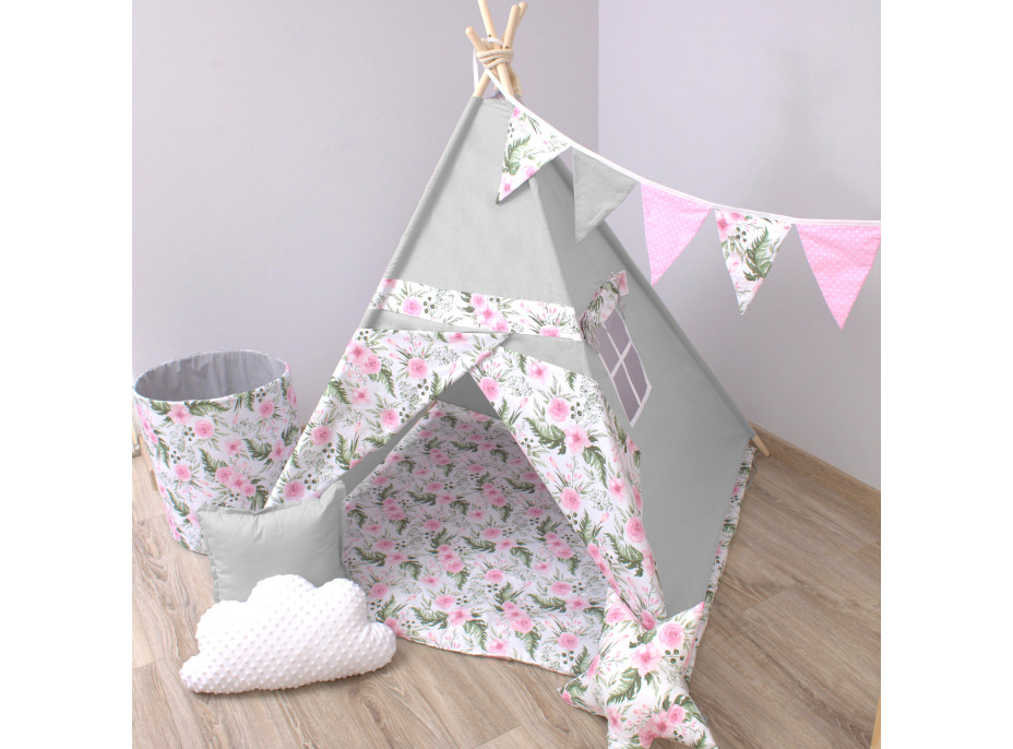 Dětský stan TEEPEE (TÝPÍ) LILIOVÝ S KVĚTY + doplňky