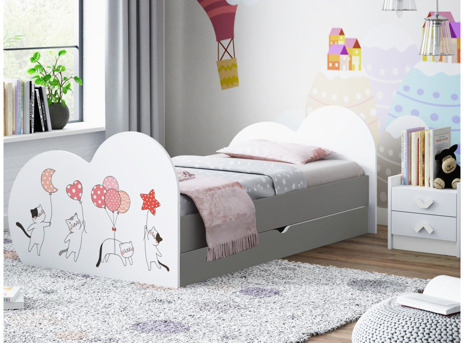 Dětská postel ZAMILOVANÉ KOČIČKY 160x80 cm, se šuplíkem (11 barev) + matrace ZDARMA