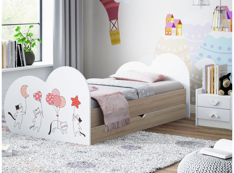 Dětská postel ZAMILOVANÉ KOČIČKY 180x90 cm, se šuplíkem (11 barev) + matrace ZDARMA