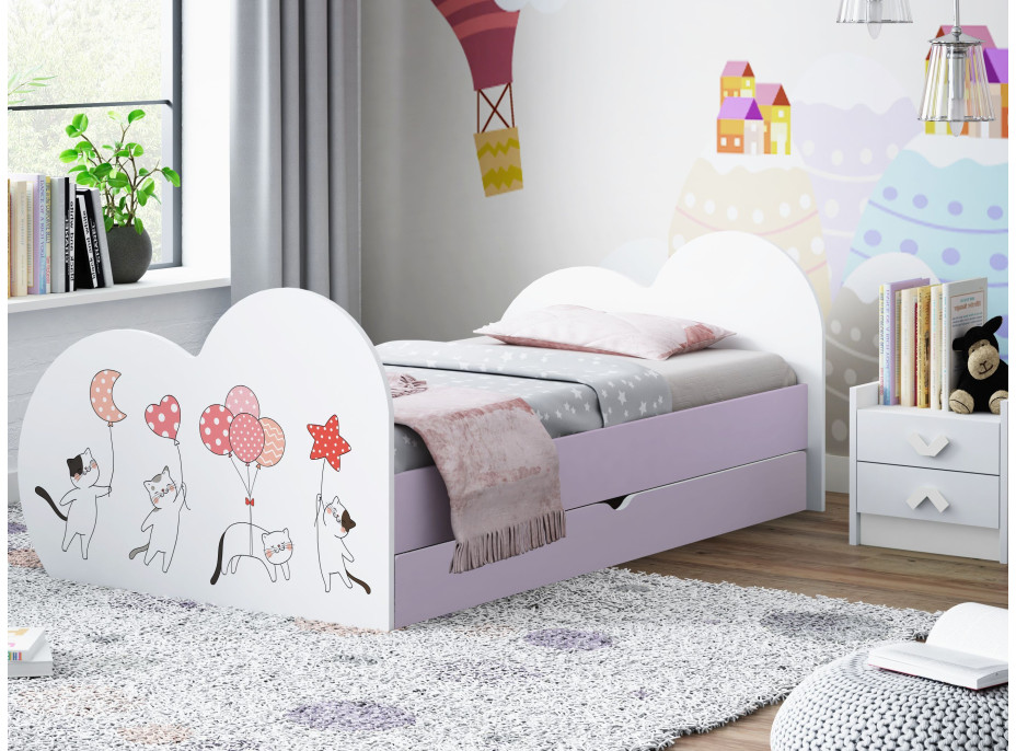 Dětská postel ZAMILOVANÉ KOČIČKY 180x90 cm, se šuplíkem (11 barev) + matrace ZDARMA