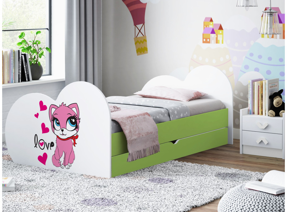 Dětská postel ZAMILOVANÁ KOČIČKA 180x90 cm, se šuplíkem (11 barev) + matrace ZDARMA