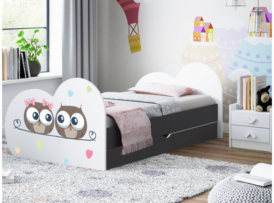 Dětská postel ZAMILOVANÉ SOVIČKY 180x90 cm, se šuplíkem (11 barev) + matrace ZDARMA