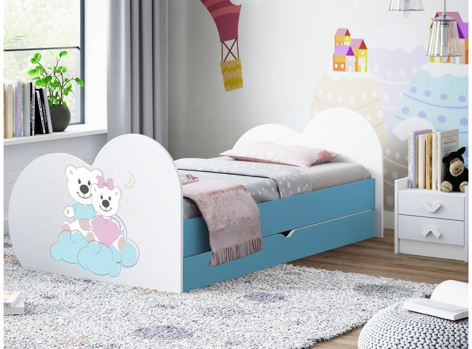 Dětská postel ZAMILOVANÍ MEDVÍDCI 180x90 cm, se šuplíkem (11 barev) + matrace ZDARMA