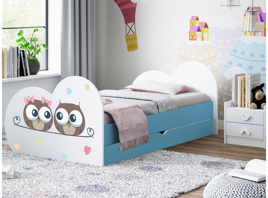 Dětská postel ZAMILOVANÉ SOVIČKY 190x90 cm, se šuplíkem (11 barev) + matrace ZDARMA