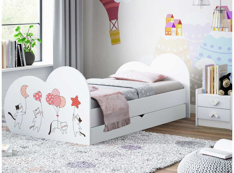 Dětská postel ZAMILOVANÉ KOČIČKY 190x90 cm, se šuplíkem (11 barev) + matrace ZDARMA