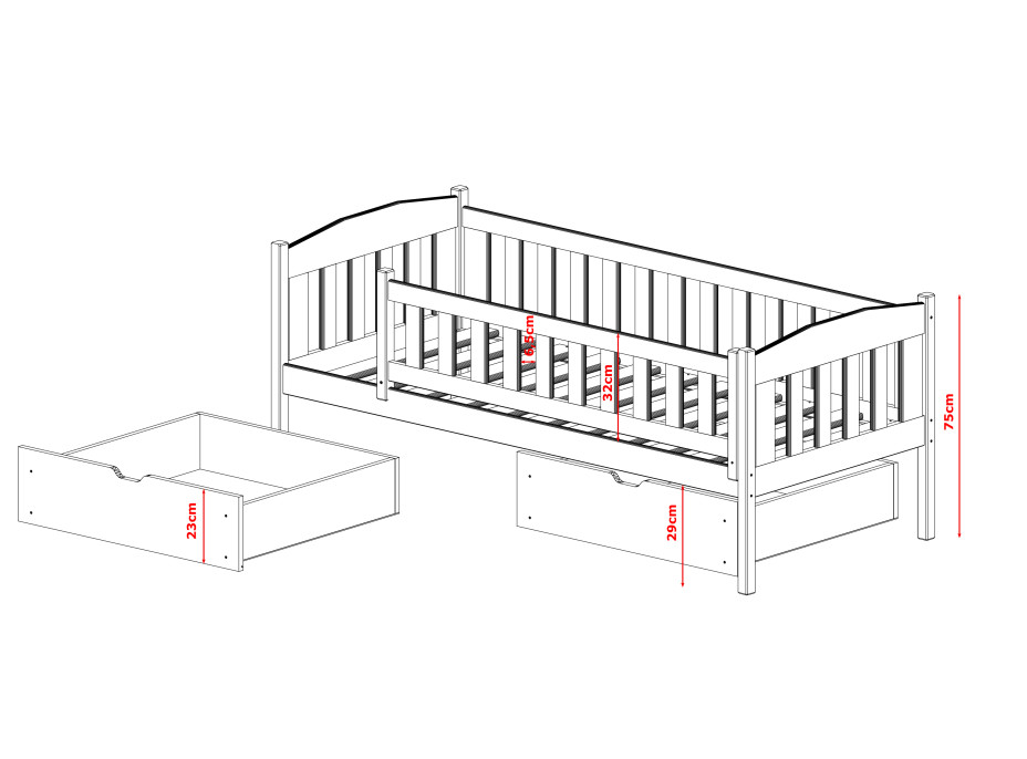 Dětská postel z masivu borovice GANDALF se šuplíky - 200x90 cm - BÍLÁ