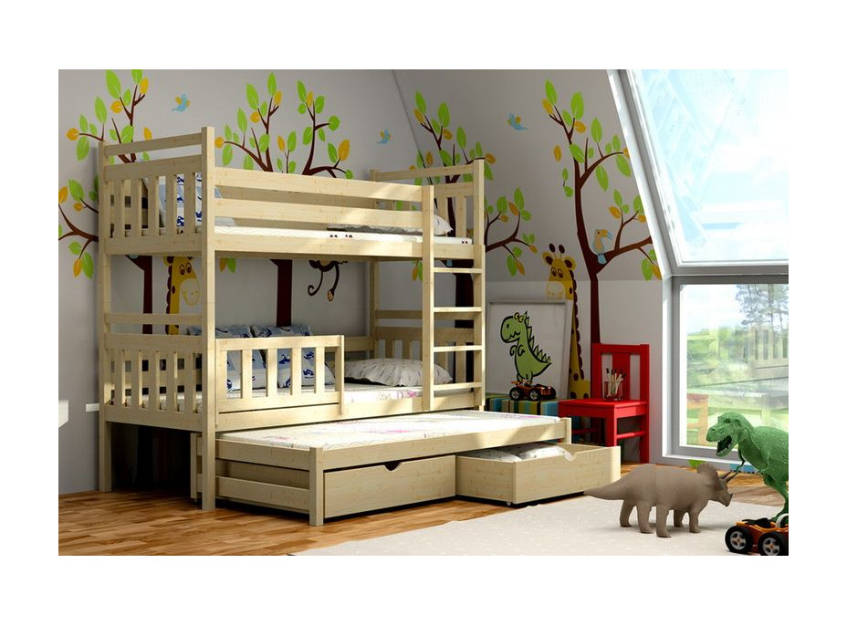 Dětská patrová postel s výsuvnou přistýlkou z MASIVU se šuplíky - PV004