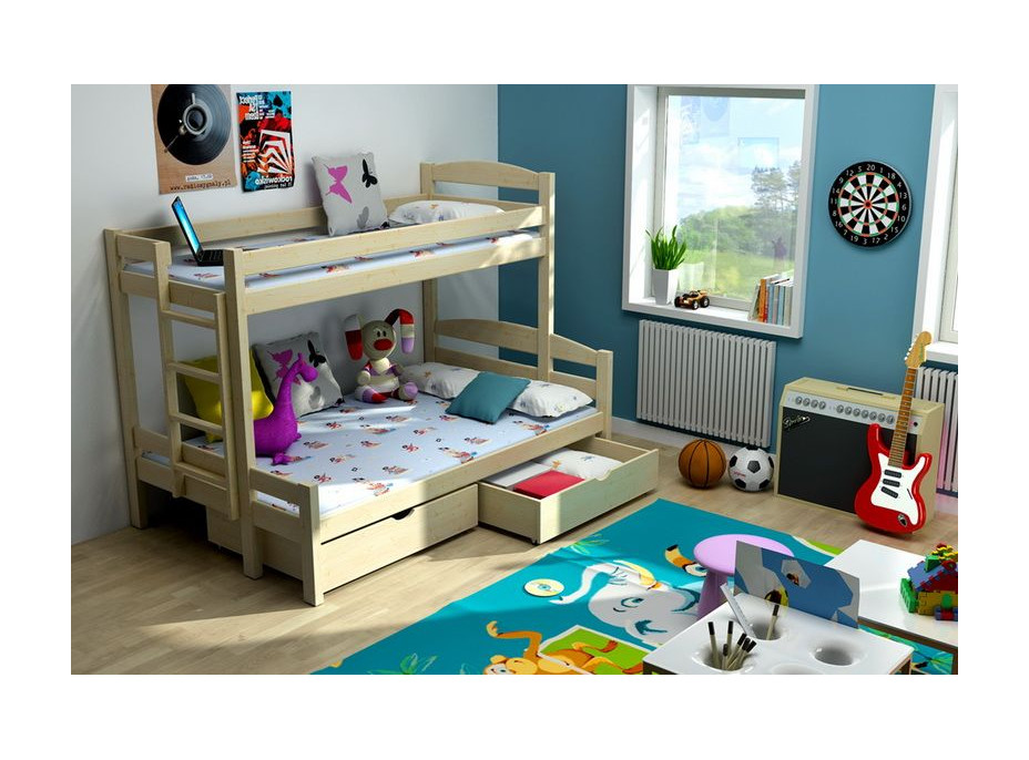 Detská poschodová posteľ s rozšíreným spodným lôžkom z MASÍVU bez šuplíku - PPS001