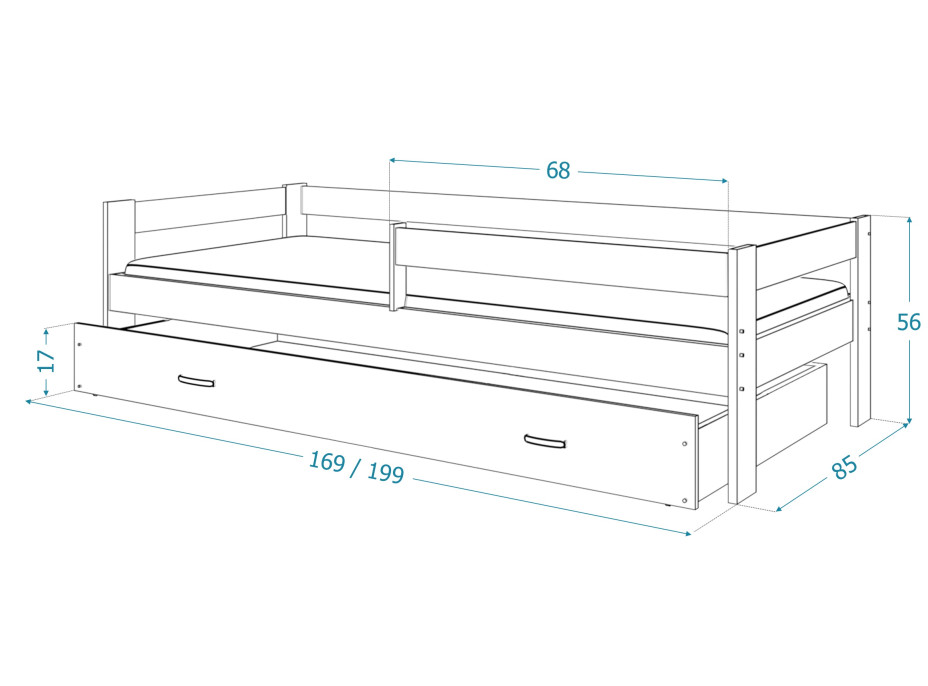 Dětská postel se šuplíkem HUGO V - 190x80 cm - bílo/šedá