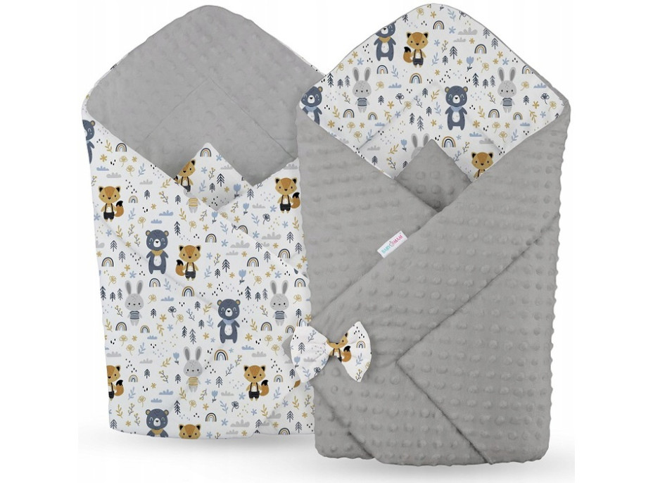 Oboustranná zavinovačka pro miminka 80x80 cm BABYMAM PREMIUM - Lesní zvířátka s šedou minky