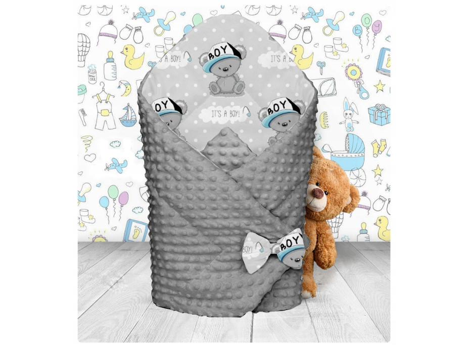 Oboustranná zavinovačka pro miminka 80x80 cm BABYMAM PREMIUM - Medvídek LITTLE BOY s šedou minky