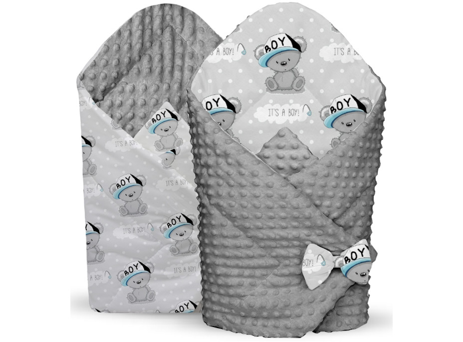 Oboustranná zavinovačka pro miminka 80x80 cm BABYMAM PREMIUM - Medvídek LITTLE BOY s šedou minky
