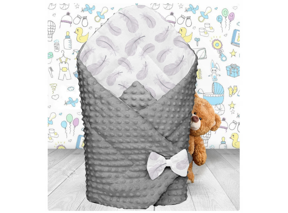 Oboustranná zavinovačka pro miminka 80x80 cm BABYMAM PREMIUM - Peříčka s šedou minky
