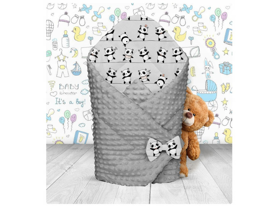 Oboustranná zavinovačka pro miminka 80x80 cm BABYMAM PREMIUM - Veselé pandy s šedou minky