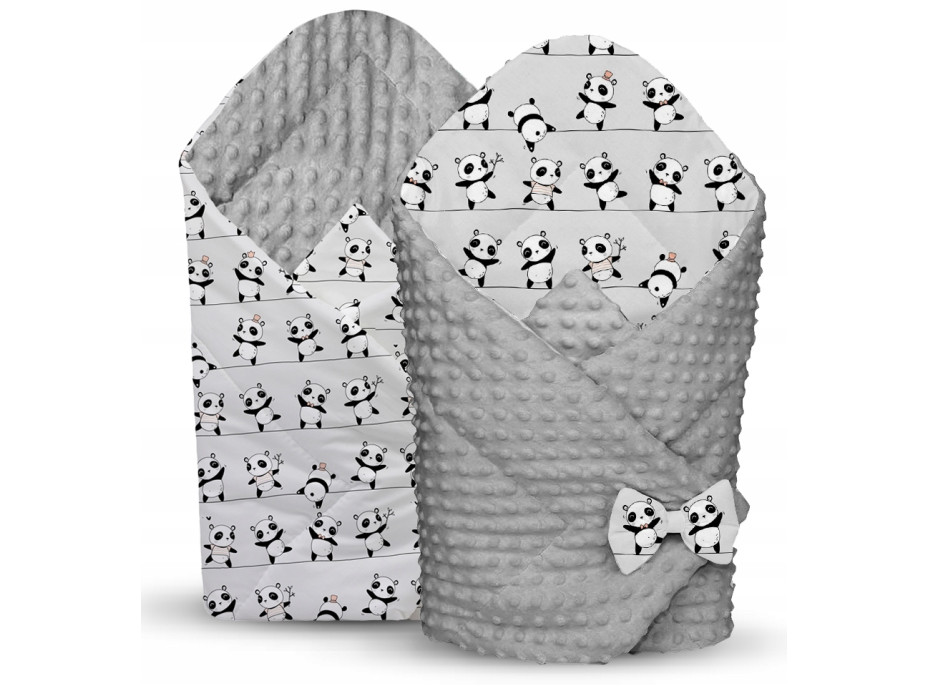 Oboustranná zavinovačka pro miminka 80x80 cm BABYMAM PREMIUM - Veselé pandy s šedou minky