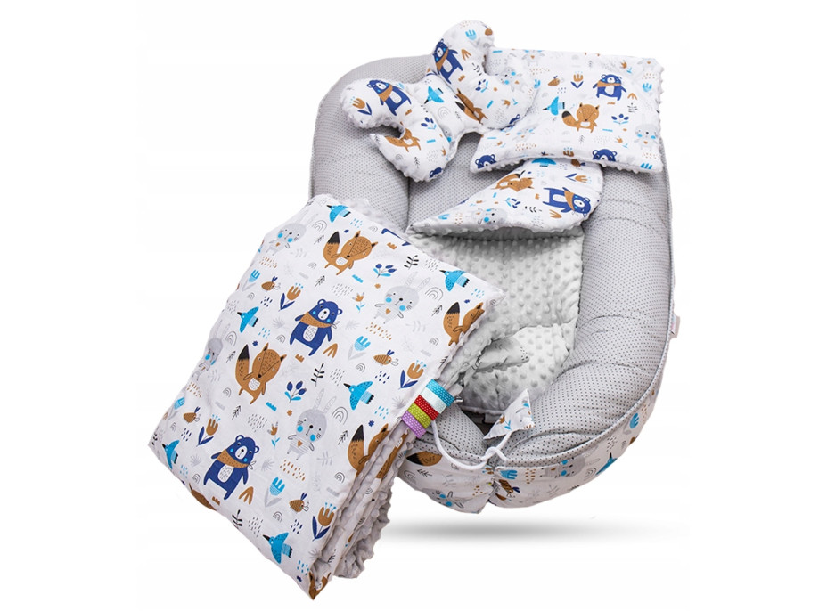 Oboustranné hnízdečko (kokon) pro miminko - BABYMAM PREMIUM set 7v1 - Boho zvířátka s šedou minky