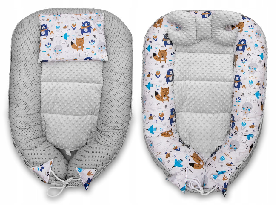 Oboustranné hnízdečko (kokon) pro miminko - BABYMAM PREMIUM set 7v1 - Boho zvířátka s šedou minky
