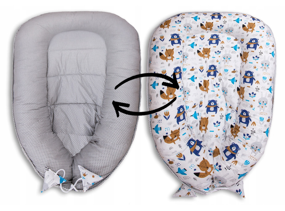 Oboustranné hnízdečko (kokon) pro miminko - BABYMAM PREMIUM set 7v1 - Boho zvířátka s šedou minky
