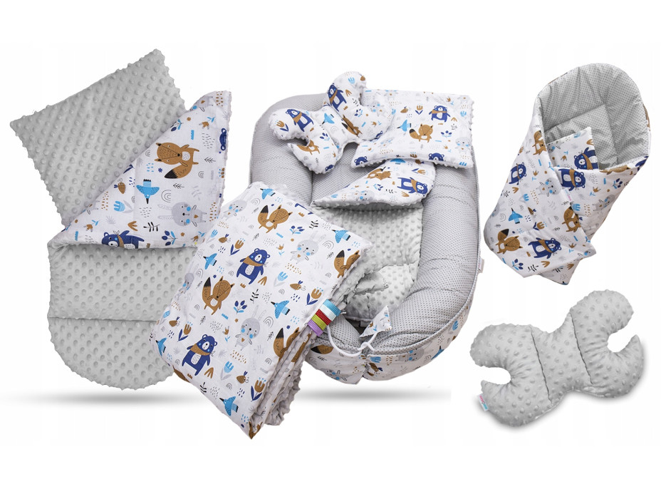 Oboustranné hnízdečko (kokon) pro miminko - BABYMAM PREMIUM set 7v1 - Boho zvířátka s šedou minky
