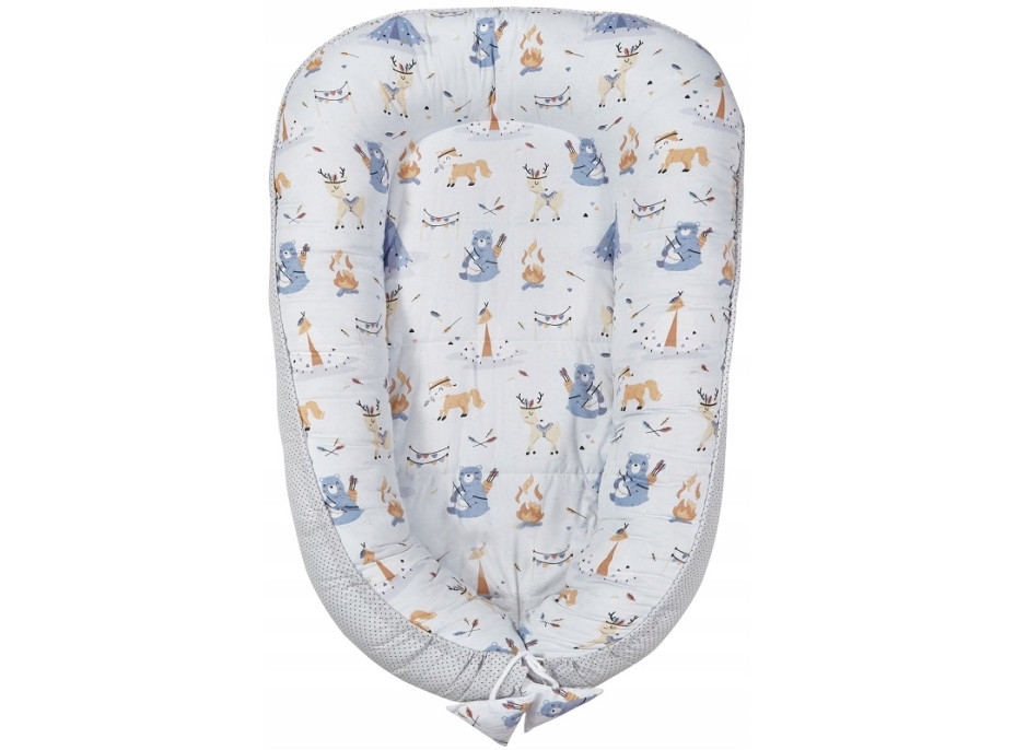 Oboustranné hnízdečko (kokon) pro miminko - BABYMAM PREMIUM set 7v1 - Indiánský tábor s šedou minky