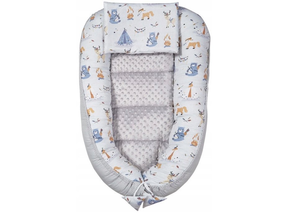 Oboustranné hnízdečko (kokon) pro miminko - BABYMAM PREMIUM set 7v1 - Indiánský tábor s šedou minky