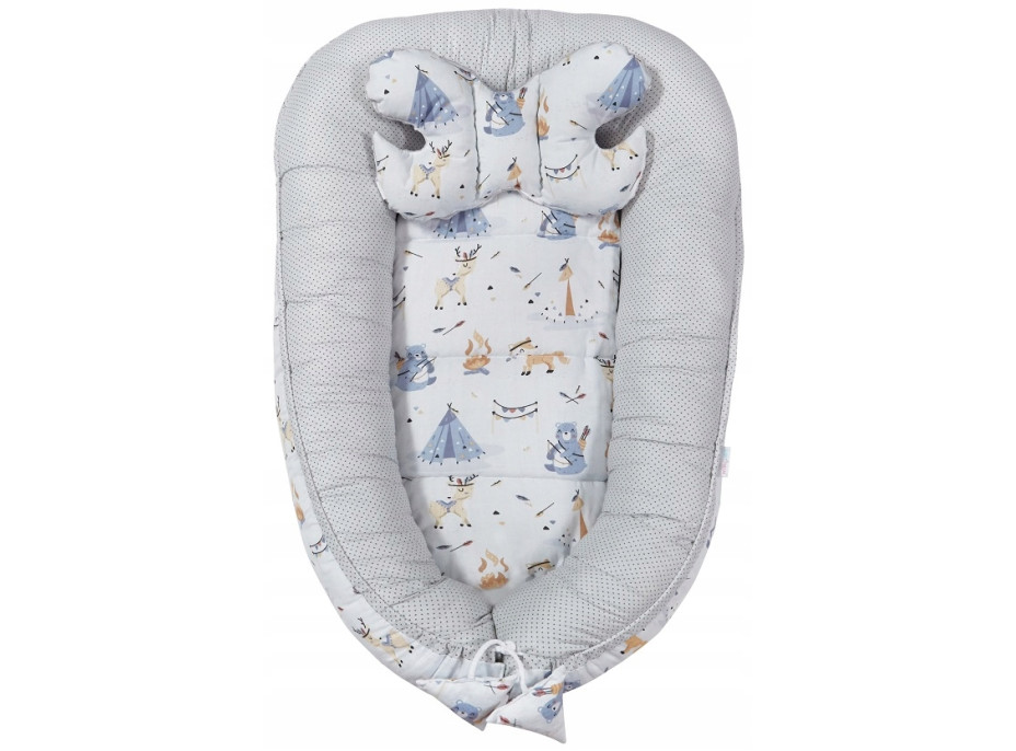 Oboustranné hnízdečko (kokon) pro miminko - BABYMAM PREMIUM set 7v1 - Indiánský tábor s šedou minky