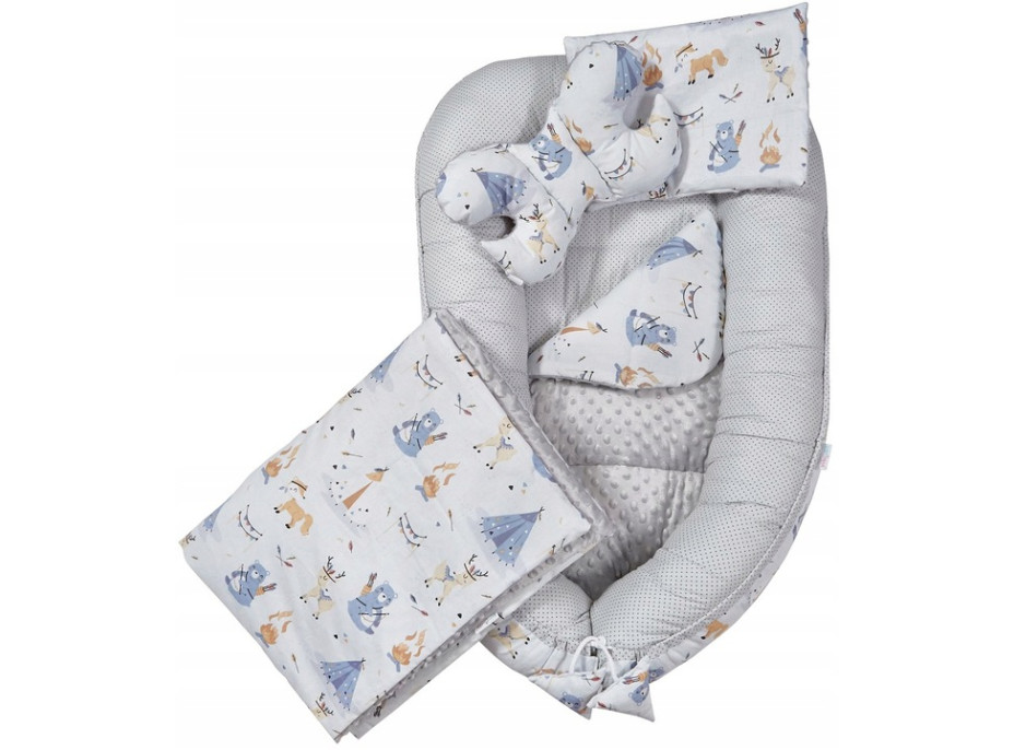 Oboustranné hnízdečko (kokon) pro miminko - BABYMAM PREMIUM set 7v1 - Indiánský tábor s šedou minky