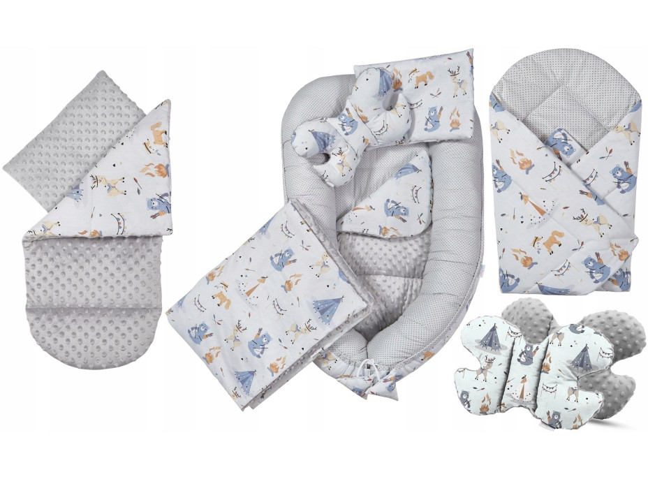 Oboustranné hnízdečko (kokon) pro miminko - BABYMAM PREMIUM set 7v1 - Indiánský tábor s šedou minky