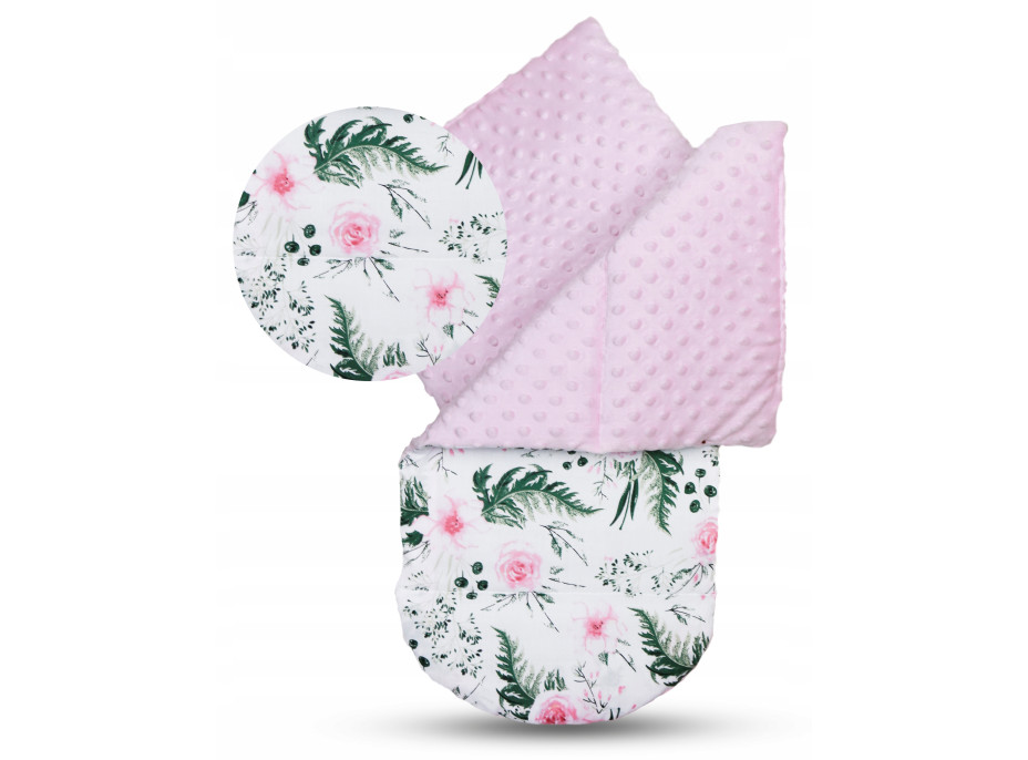 Oboustranné hnízdečko (kokon) pro miminko - BABYMAM PREMIUM set 7v1 - Květy v zahradě s růžovou minky