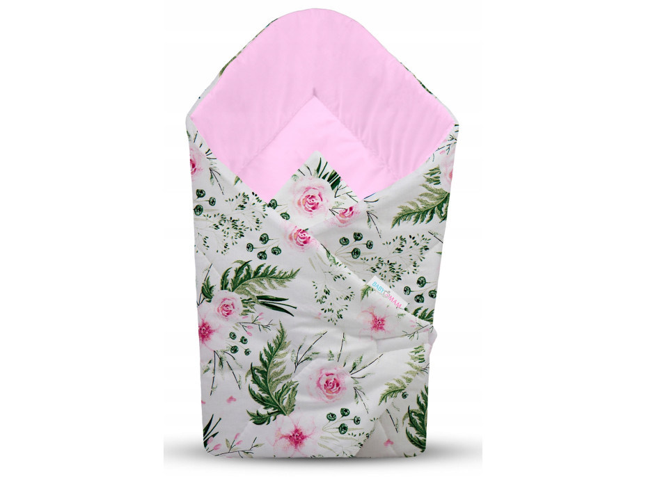 Oboustranné hnízdečko (kokon) pro miminko - BABYMAM PREMIUM set 7v1 - Květy v zahradě s růžovou minky