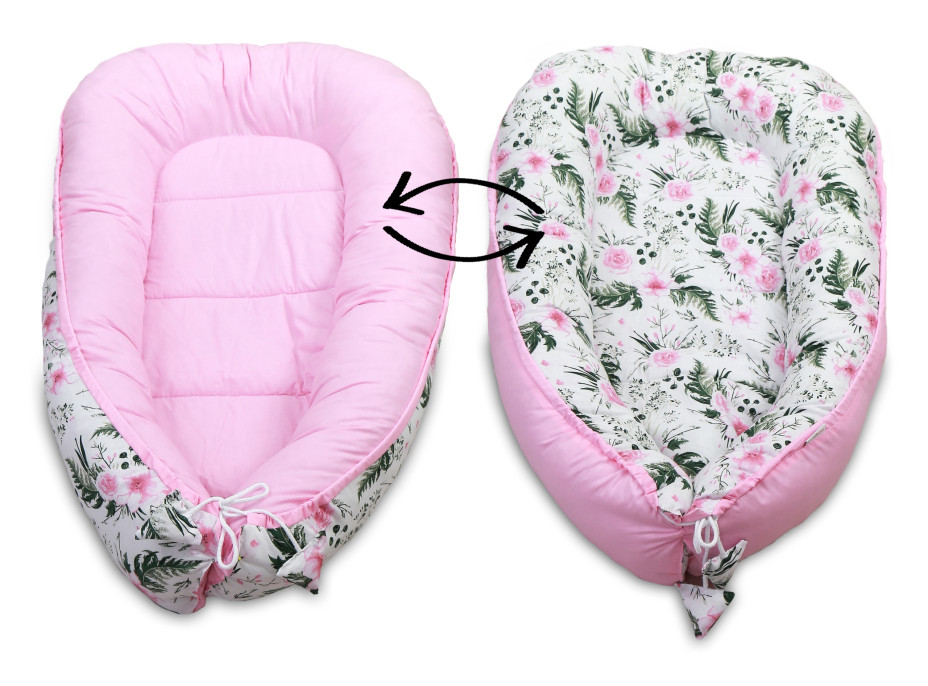 Oboustranné hnízdečko (kokon) pro miminko - BABYMAM PREMIUM set 7v1 - Květy v zahradě s růžovou minky