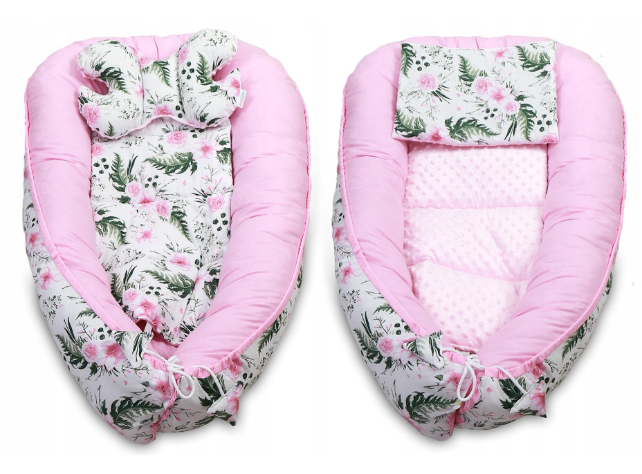 Oboustranné hnízdečko (kokon) pro miminko - BABYMAM PREMIUM set 7v1 - Květy v zahradě s růžovou minky