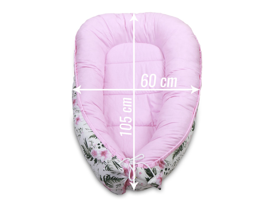 Oboustranné hnízdečko (kokon) pro miminko - BABYMAM PREMIUM set 7v1 - Květy v zahradě s růžovou minky