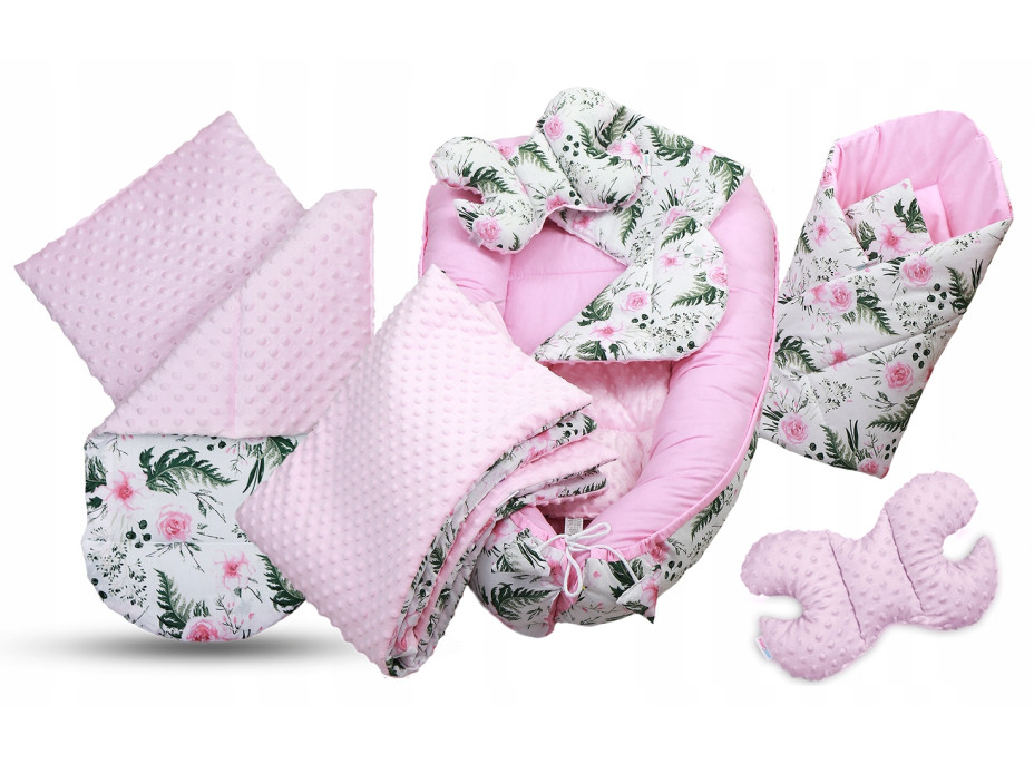 Oboustranné hnízdečko (kokon) pro miminko - BABYMAM PREMIUM set 7v1 - Květy v zahradě s růžovou minky