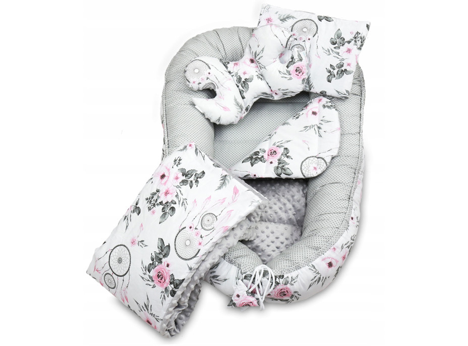 Oboustranné hnízdečko (kokon) pro miminko - BABYMAM PREMIUM set 7v1 - Lapače snů s šedou minky
