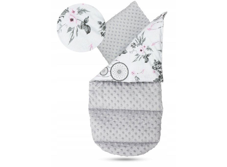 Oboustranné hnízdečko (kokon) pro miminko - BABYMAM PREMIUM set 7v1 - Lapače snů s šedou minky