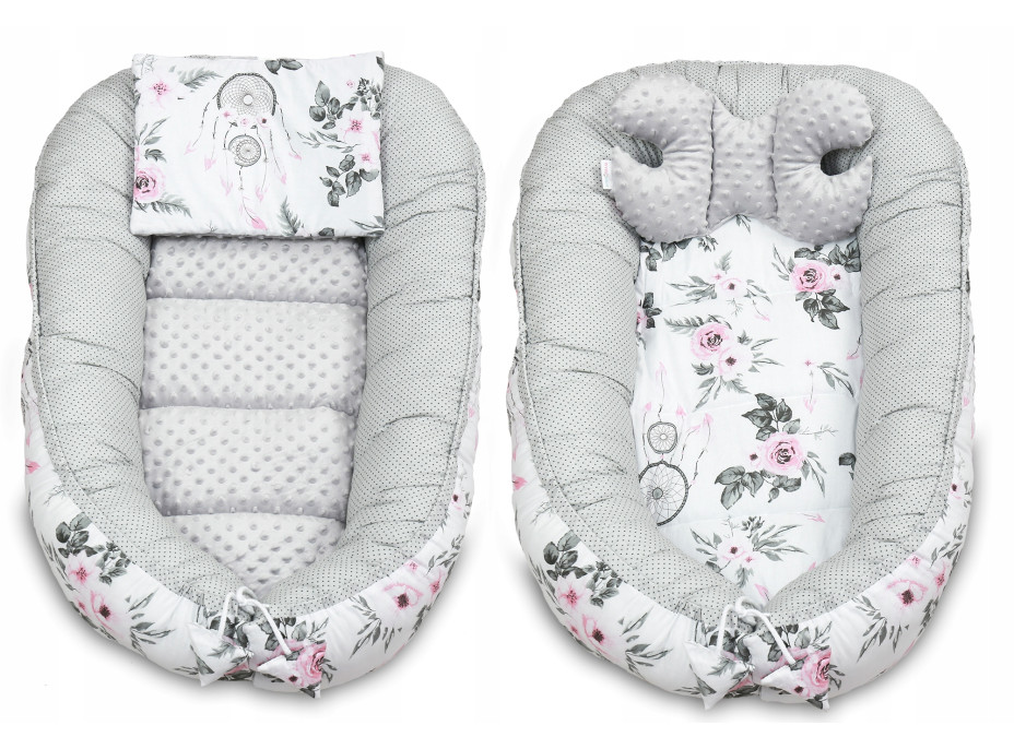 Oboustranné hnízdečko (kokon) pro miminko - BABYMAM PREMIUM set 7v1 - Lapače snů s šedou minky