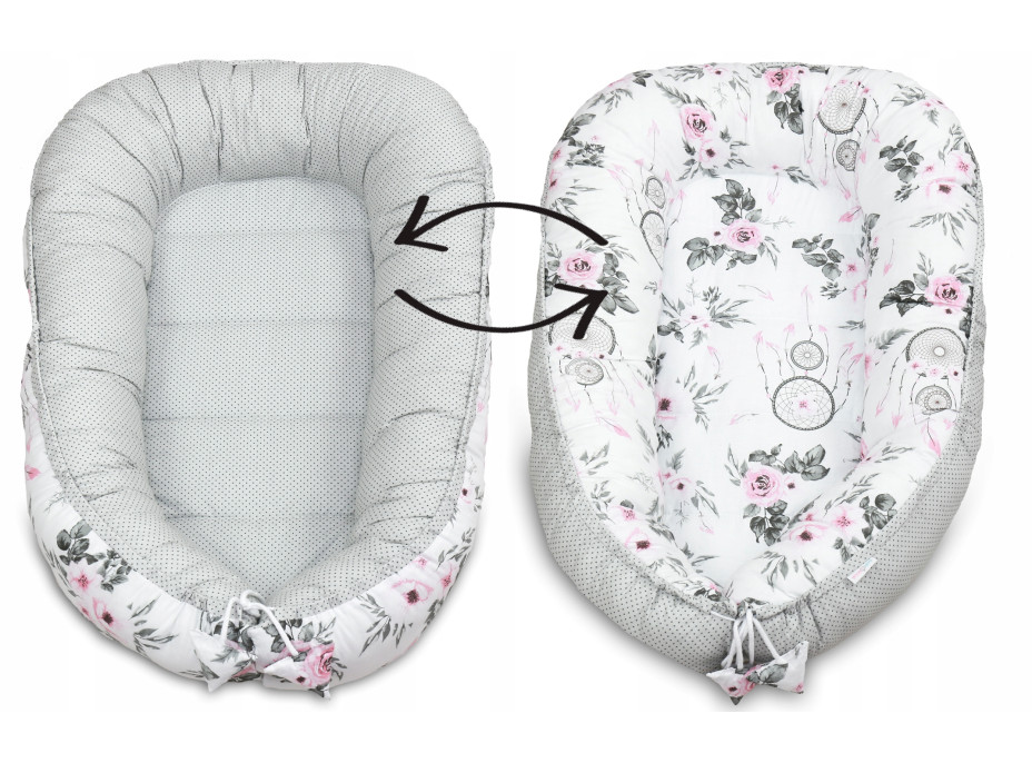 Oboustranné hnízdečko (kokon) pro miminko - BABYMAM PREMIUM set 7v1 - Lapače snů s šedou minky