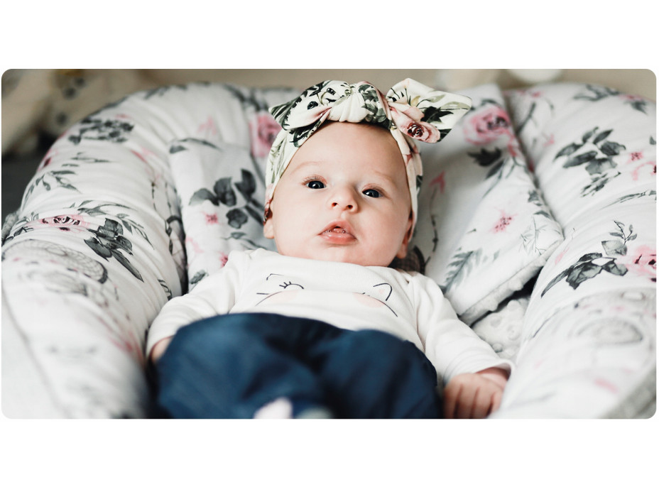 Oboustranné hnízdečko (kokon) pro miminko - BABYMAM PREMIUM set 7v1 - Lapače snů s šedou minky