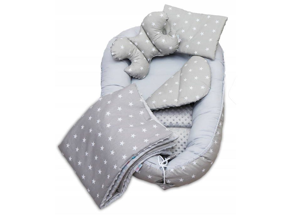 Oboustranné hnízdečko (kokon) pro miminko - BABYMAM PREMIUM set 7v1 - Malé bílé hvězdičky s šedou minky