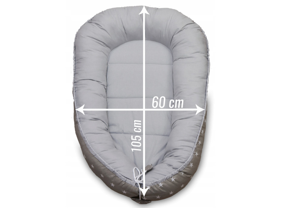 Oboustranné hnízdečko (kokon) pro miminko - BABYMAM PREMIUM set 7v1 - Malé bílé hvězdičky s šedou minky