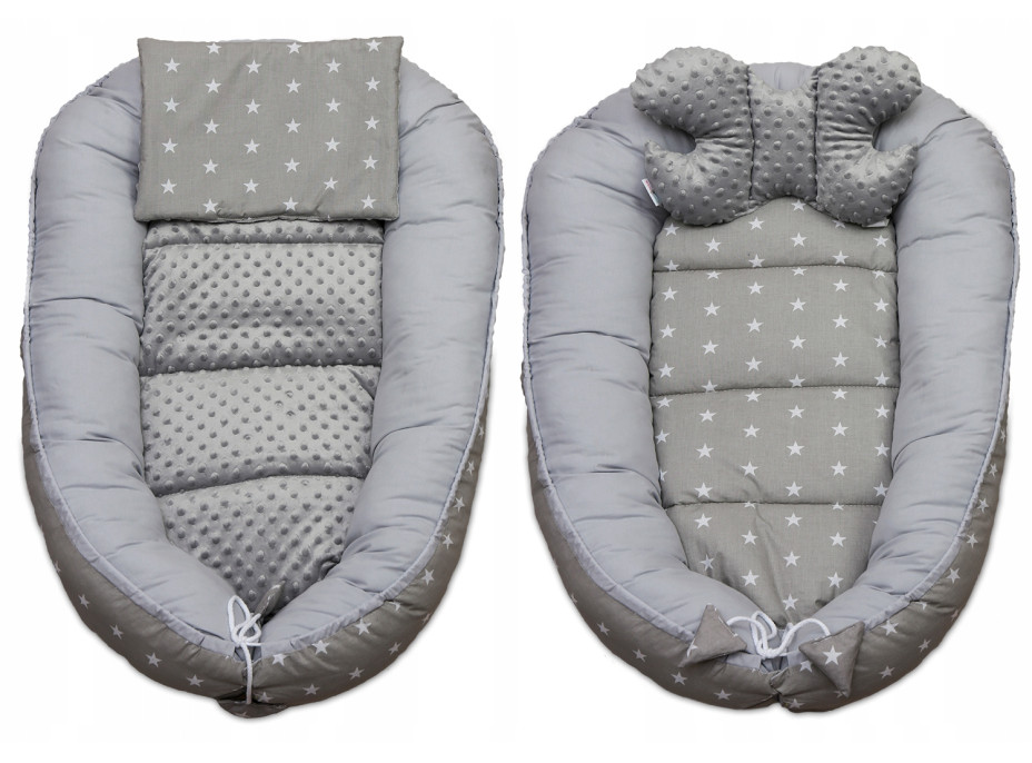 Oboustranné hnízdečko (kokon) pro miminko - BABYMAM PREMIUM set 7v1 - Malé bílé hvězdičky s šedou minky